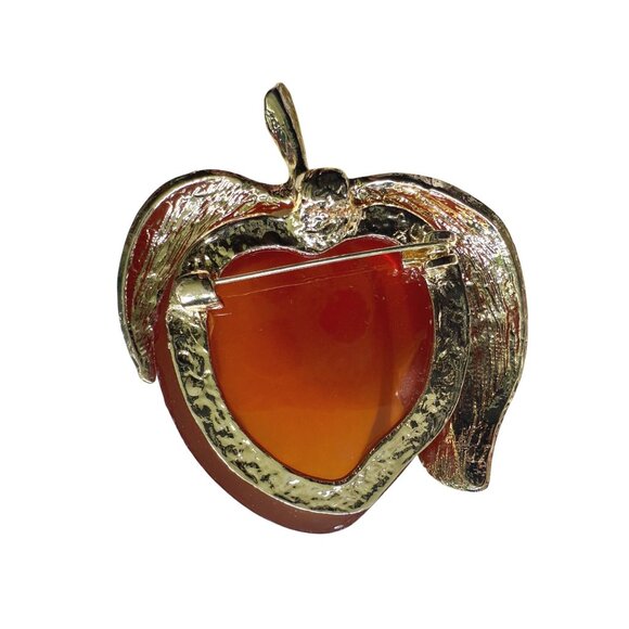 Vintage Gold Tone & LARGE Red Lucite Apple Brooch JELLY - Picture 2 of 3